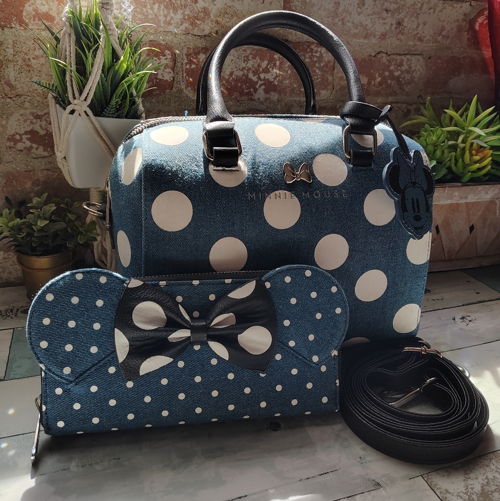 Disney loungefly Minnie Mouse Denim Polka Dot Convertible Barrel Bag w/ Wallet